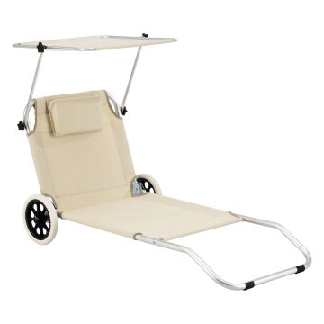 Lettino Prendisole Portatile con Rete Portaoggetti, Sdraio Pieghevole con Schienale Reclinabile, Tettuccio Parasole e 2 Ruote - Supporto Fino a 110 kg - Beige