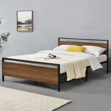 Struttura Letto in Acciaio 140/180 x 200 cm Testiera e Pediera Decorate con Panelli in Effetto Legno di Color Noce Letto Matrimoniale in Stile Moderno - Nero