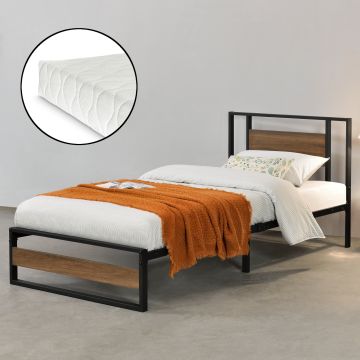 Letto in Acciaio con Materasso a Schiuma Fredda 200x140/180/90 cm Letto in Stile Moderno con Elementi Decorativi in Effetto Legno di Color Noce  - Struttura Nera