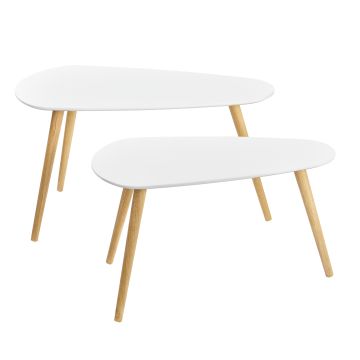 Set da 2 Tavolini da Salotto in Altezze Diverse 2 Tavolini Impilabili con Gambe in Legno Tavolini Bassi da caffè di Forma Triangolare con Piano Tavolo Bianco