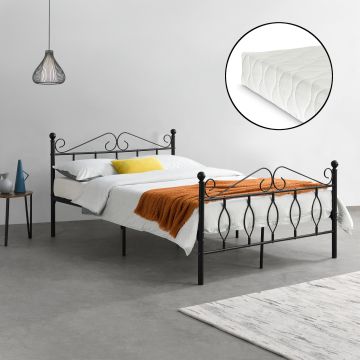 Struttura Letto in Metallo con Testiera e Pediera in Stile Romantico/Classico con Materasso 90/120/140 x 200 cm Letto 1 Piazza e Mezza/ Francese/Singolo - Nero 