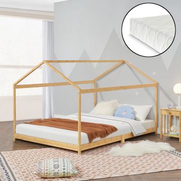 Letto per Cameretta ’Vindafjord’ a Forma di Casetta con Materasso - Varie Misure - Bambù Naturale [en.casa]