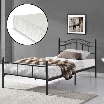 Letto Singolo Florenz in Acciaio con Testiera Decorativa e Materasso 90 x 200 cm Nero [en.casa]