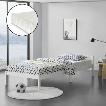 Letto in Legno di Pino con Materasso a Schiuma Fredda 90 x 200 cm Letto Singolo con Testiera Bassa in Design Minimal - Bianco