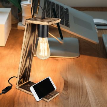 Lampada da Tavolo 'Gillingham' Senza Paralume Base in Legno con Porta Cellulare - Nero/Legno [lux.pro]