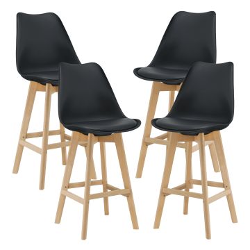 Set di 4 Sgabelli da Bar 4 Sedie Alta con Gambe di Legno Massello di Faggio con Poggiapiedi Seduta Imbottita Cucina/Bar/Ristorante - Nero