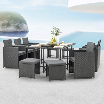 Set Salottino per Uso Esterno Mobili da Giardino/Terrazza Arredo in Polyrattan con Cuscini Set Salvaspazio Composto di Tavolo, Poltrone e Pouf - Grigio Scuro