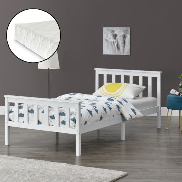 Letto Singolo in Legno di Pino con Materasso Ipoallergenico 90 x 200 cm Letto con Testiera e Pediera Alte - Bianco