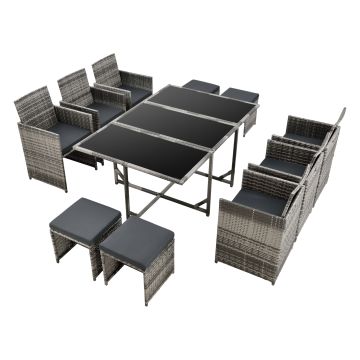 Set Salottino per Uso Esterno Mobili da Giardino/Terrazza Arredo in Polyrattan con Cuscini Set Salvaspazio Composto di Tavolo, Poltrone e Pouf - Grigio a Righe