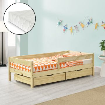 Letto per Bambino/Gioventú con 2 Cassetti Portabiancherie e Materasso 70x140 / 80x160 / 90x200 cm Lettino in Legno di Pino con Corrimano Laterale - Vari Colori