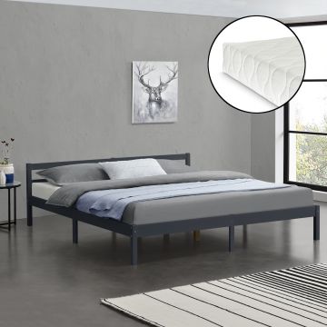 Letto in Legno di Pino con Materasso a Schiuma Fredda 180 x 200 cm Letto Matrimoniale King Size con Testiera Bassa in Design Minimal - Grigio Scuro