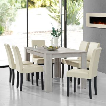 Set Pranzo con Tavolo 140x90 cm e 6 Sedie in Similpelle - Effetto Rovere Bianco / color Crema [en.casa] 