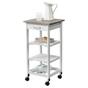 Carrello di Servizio in MDF con Ripiani Cassetto e Portabottiglie Portavivande da Cucina/Mense con 4 Ruote Catering Ristorazione - Bianco e Color Legno