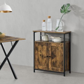 Comò / Credenza (AxLaxP) 79 x 60 x 30 cm Mobile per Soggiorno/Cucina/Camera da Letto - Telaio Laterale in Ferro, Armadietto a 2 Ante e Ripiani - Effetto Legno Scuro