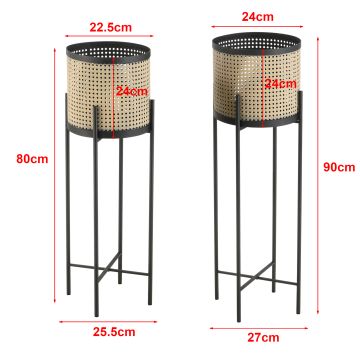 Set di 2 Portavasi in Metallo Supporto Nero con Coprivaso Cilindrico in Color Sabbia - Portapiante in 2 Misure Diverse 