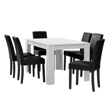 Set Pranzo con Tavolo 140x90 cm e 6 Sedie in Similpelle - Bianco / Nero [en.casa] 