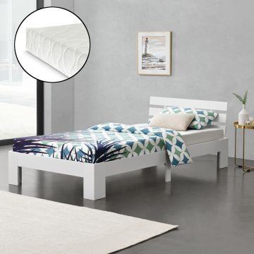 Letto in Legno di Pino con Materasso a Schiuma Fredda 90 x 200 cm Letto Singolo con Testiera in Stile Moderno - Bianco