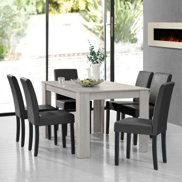 Set Pranzo con Tavolo 140x90 cm e 6 Sedie in Similpelle - Effetto Rovere Bianco / Grigio scuro [en.casa] 