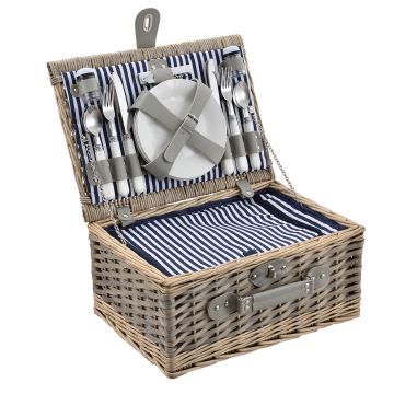 Cestino da Picnic per 4 Persone Valigia Picnic in Rami di Salice Vintage Set da Picnic Incluso Piatti Posate Bicchieri Borsa Termica Cavatappi Saliera Pepiera Interno Blu / Bianco - casa.pro