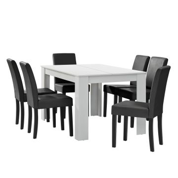 Set Pranzo con Tavolo 140x90 cm e 6 Sedie in Similpelle - Bianco / Grigio scuro [en.casa] 