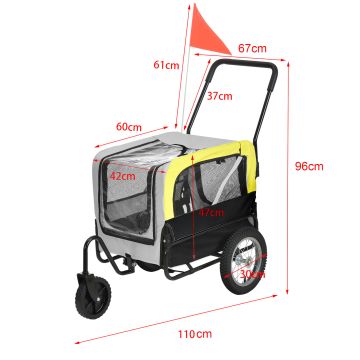 Rimorchio per Bicicletta per Trasporto Cani 143 x 67 x 96 cm Carrello 2 in 1 per Trasporto Animali Domestici Carico Max.20 kg - Giallo-Grigio-Nero