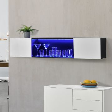 Armadio Nero da Parete con 2 Ante Bianche e 1 Ripiano Illuminato con LED a Luce Blu 150 x 30 x 30 cm Mobile/Consolle a Muro con Apertura Porta a Ribalta