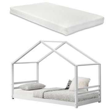 [en.casa] Lettino per Bambino con Materasso a Schiuma Fredda 90 x 200 cm Letto in Legno a Forma di Casetta con Materasso Anallergico Oeko-Tex Standard 100