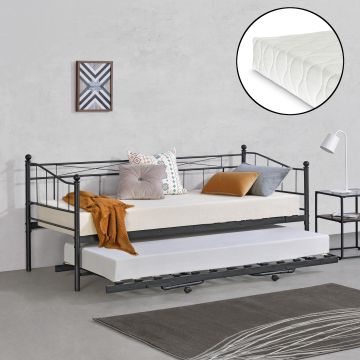 Divano in Metallo con Cornice Decorativa + Letto di Complemento con Gambe Pieghevoli e 4 Ruote, Sofa a 2-3 Posti di Seduta e Secondo Letto Salvaspazio + 2 Materassi 200x90 cm - Vari Colori