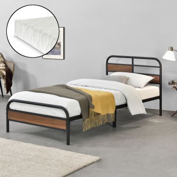 Letto Singolo in Metallo Nero con Materasso a Schiuma Fredda 90 x 200 cm Testiera e Pediera con Panelli Decorativi in Effetto Legno di Color Noce  