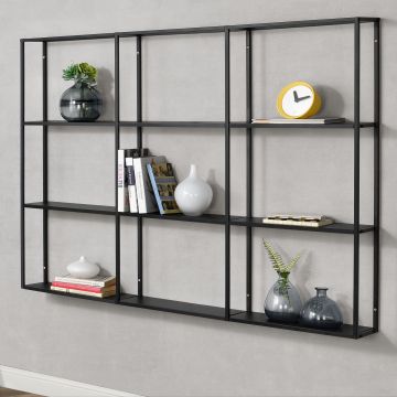 Scaffale da Parete (LxPxA) 130x18x110 cm Libreria Pensile con Ripiani su 3 Livelli, Struttura in Ferro, Mensola da Muro con 9 Scomparti di Forma Rettangolare - Nero