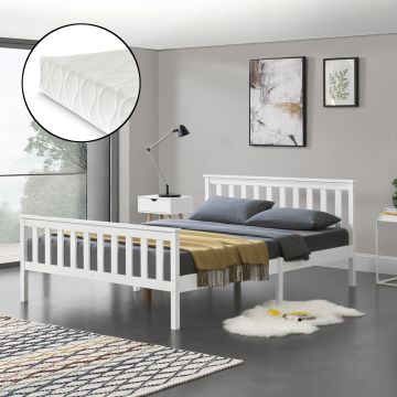 Letto Matrimoniale in Legno di Pino con Materasso Ipoallergenico 160 x 200 cm Letto con Testiera e Pediera Alte - Bianco