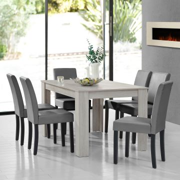 Set Pranzo con Tavolo 140x90 cm e 6 Sedie in Similpelle - Effetto Rovere Bianco / Grigio chiaro [en.casa] 