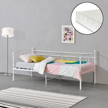 Divano in Metallo a 2-3 Posti di Seduta, Supporto Max.150 kg Letto Singolo con Materasso a Schiuma Fredda 90 x 200 cm Sofa in Acciaio con Cornice Decorativa - Bianco