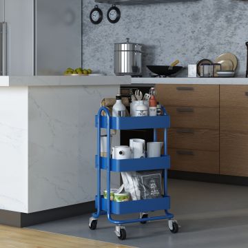 Carrello da Cucina 'Pyhäntä' in Acciaio con 3 Contenitori - Blu [en.casa]