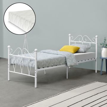 Struttura Letto in Metallo con Testiera e Pediera in Stile Romantico/Classico con Materasso 90/120/140 x 200 cm Letto 1 Piazza e Mezza/ Francese/Singolo - Bianco