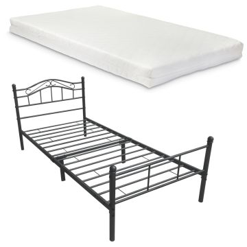 Letto Singolo Florenz in Acciaio con Testiera Decorativa e Materasso 90 x 200 cm Nero [en.casa]