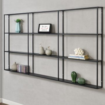 Scaffale da Parete (LxPxA) 160x18x110 cm Libreria Pensile con Ripiani su 3 Livelli, Struttura in Ferro, Mensola da Muro con 9 Scomparti di Forma Rettangolare - Nero