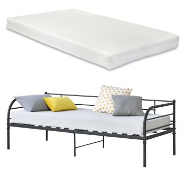 Divano in Metallo a 2-3 Posti di Seduta + Materasso a Schiuma Fredda 90 x 200 cm Supporto Max.150 kg Letto Singolo, Sofa in Acciaio con Testiera, Pediera - Nero, Opaco