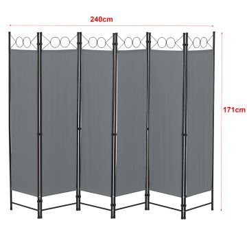 Paravento/Separè Decorativo per Interni/Balcone, 171 x 240 cm (AxL) Divisorio a 6 Pannelli per Camera da Letto/Studio Medico - Struttura Pieghevole - Grigio Scuro