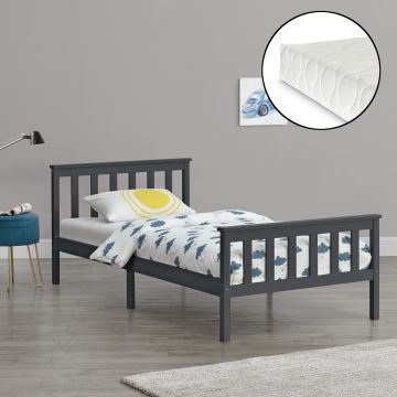 Letto Singolo in Legno di Pino con Materasso Ipoallergenico 90 x 200 cm Letto con Testiera e Pediera Alte - Grigio Scuro