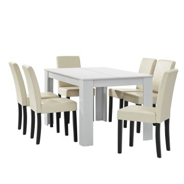 Set Pranzo con Tavolo 140x90 cm e 6 Sedie in Similpelle - Bianco / color Crema [en.casa] 