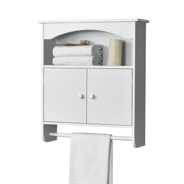 Armadietto Pensile a Bagno con Barra Portaasciugamano 61,3 x 53 x 15,5 cm Mobiletto a Muro con 2 Ante e Ripiani - Bianco