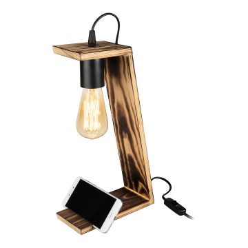 Lampada da Tavolo 'Gillingham' Senza Paralume Base in Legno con Porta Cellulare - Nero/Legno [lux.pro]