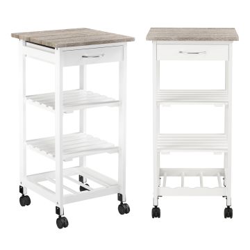 Carrello di Servizio in MDF con Ripiani Cassetto e Portabottiglie Portavivande da Cucina/Mense con 4 Ruote Catering Ristorazione - Bianco e Color Legno