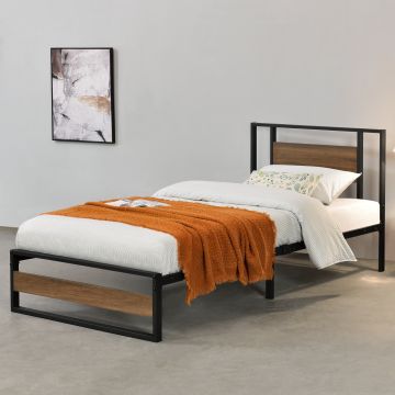 Struttura Letto in Acciaio con Elementi Decorativi in Effetto Legno di Color Noce 200 x 90 cm Letto Singolo in Stile Moderno - Nero