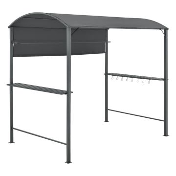 Gazebo per Barbecue con 2 Mensole e Ganci 215x220x140 cm Copertura / Riparo da Giardino per Griglia con Tenda Antipioggia, Parasole - Struttura in Acciaio, Tela in Tessuto Ignifugo - Grigio Scuro