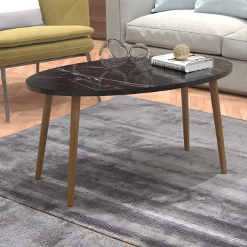 Tavolino Basso da caffè 'Sindal' (AxLxP) 41 x 90 x 50 cm Tavolino da Salotto con Gambe in Legno e Piano Ovale - Marmo Nero [en.casa]