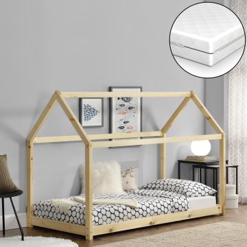 Letto per Bambino a Forma di Casetta con Materasso Ipoallergenico a Schiuma Fredda 80x160 cm Struttura in Legno in Stile Montessori - Color Legno Naturale