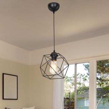 Lampada a Sospensione 'Brentwood' con Paralume a Gabbia Poligonale in Metallo Stile Industriale - Nero [lux.pro]