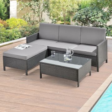 Set di Mobili da Giardino Fino a 4 Posti di Seduta Arredo Esterno in Polyrattan Set Composto di 1 Divano e 1 Sedile con Cuscini e 1 Tavolino Basso - Grigio